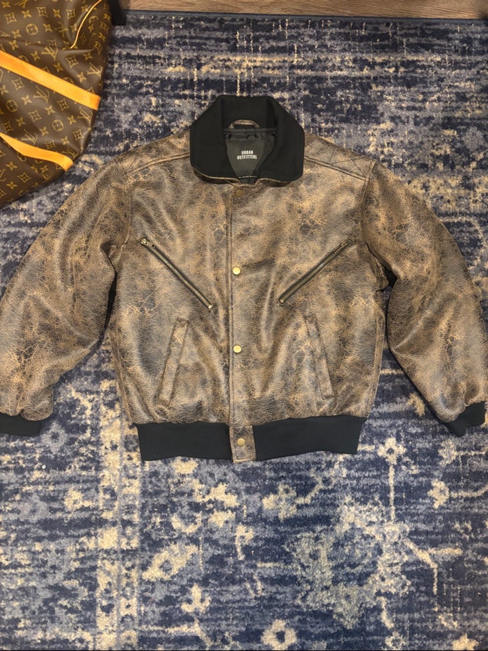 Urban Outfitters Distressed Brown Faux-Leather Bomber with Black Trim
